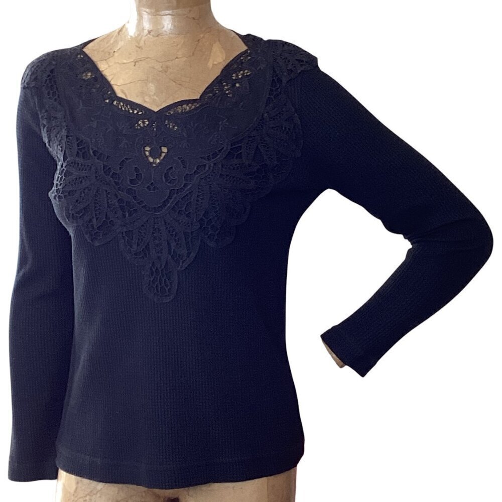 Handmade Cache Junction Thermal Long Sleeve Top Crochet Lace M Black‎ #89S